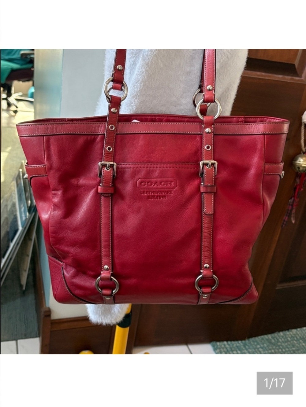 Coach Vintage East West gallery tote Cherry Red Leather Silvertone Hw turnlocks